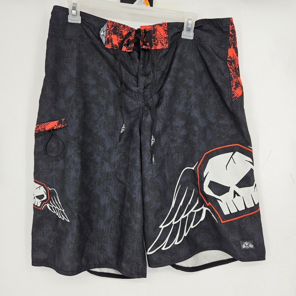 Vintage No‎ Fear Board Shorts Mens 34 Summer Beach Black Embroidered Skull Y2K